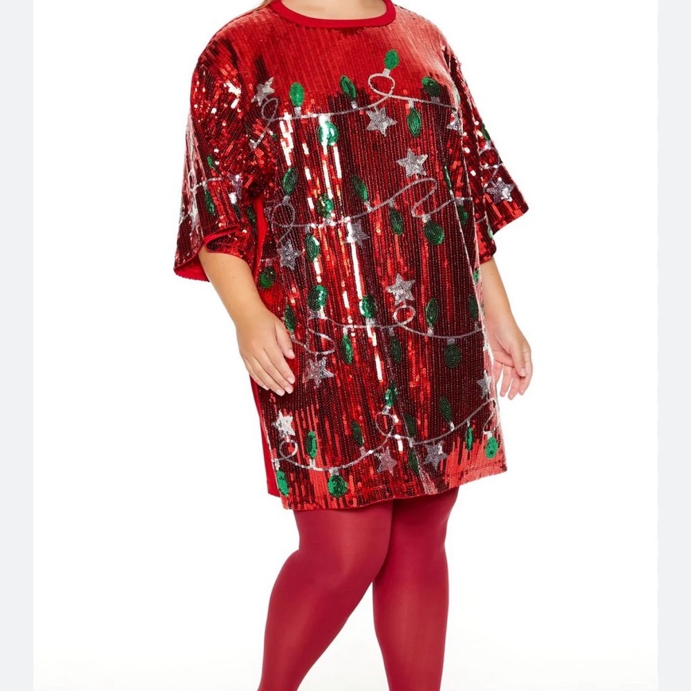 Red Sequin Holiday Shirt Dress with Lights Design 2x/3x